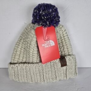 NWT The North Face Chunky Knit Cream Beanie with Blue Multi Pom Pom